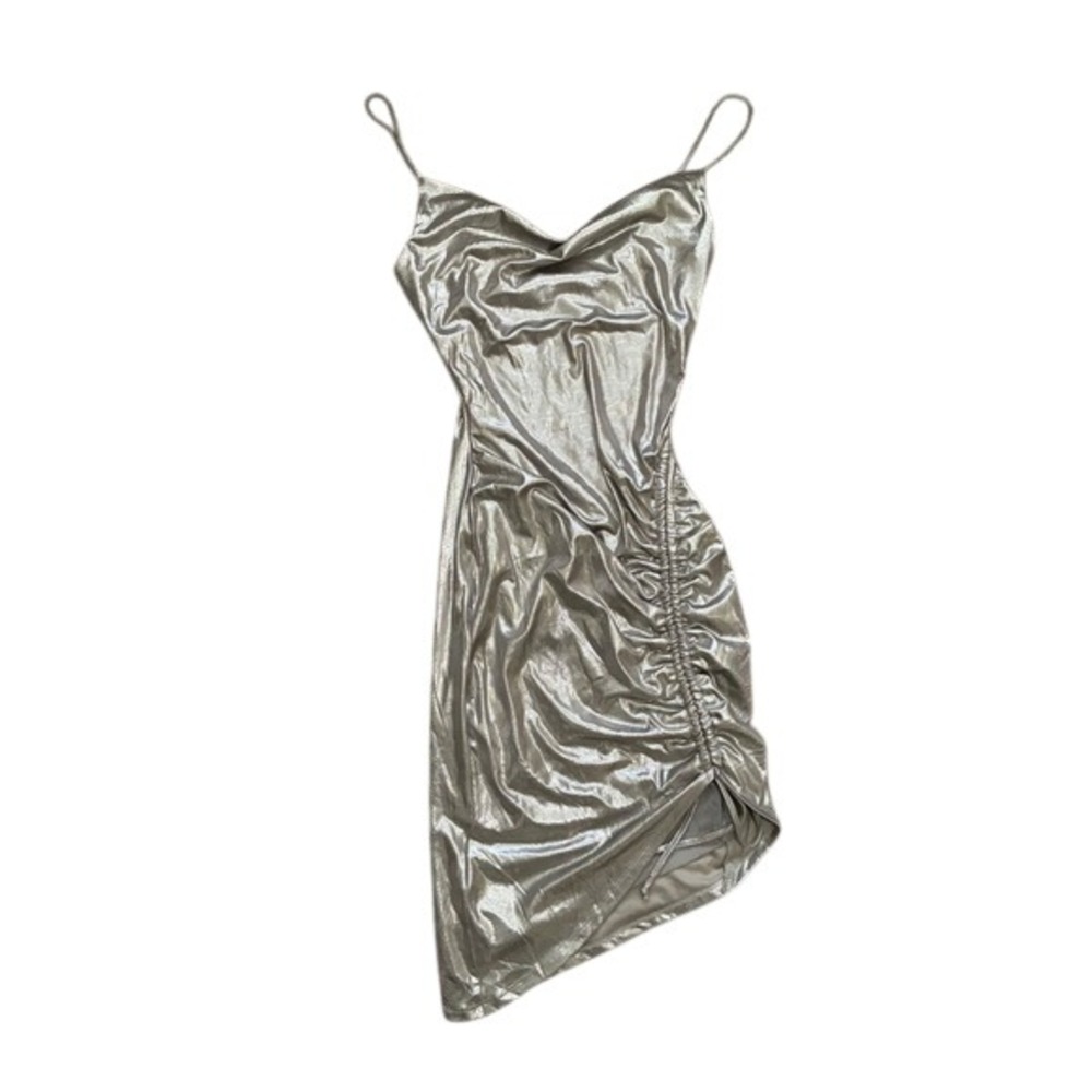 Metallic Silver Ruched Cowl Neck‎ Bodycon Mini Dress Sleeveless Party Clubwear